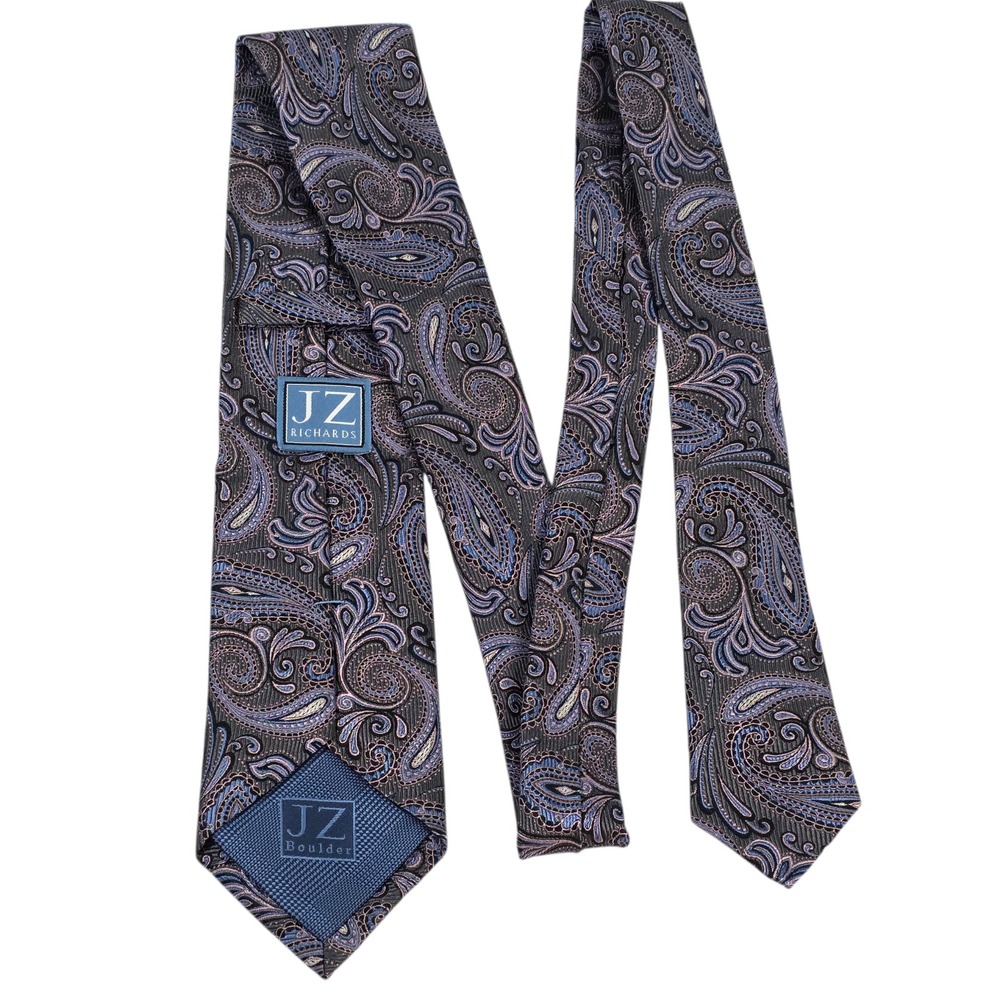 JZ Richards Mens Necktie Gray‎ Pink Blue Silk Paisley Handmade Embroidered USA